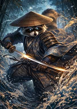 Raccoon Samurai in Water