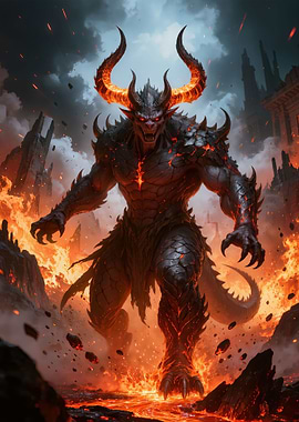 Demonic creature in a fiery landscape