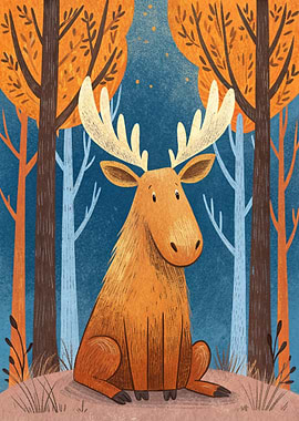 Cute Moose in Autumn Forest