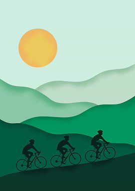 Cyclists on a Hillside at Sunset