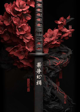 Samurai Sword with Cherry Blossoms and Dragon