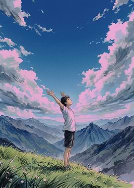 Boy with arms raised in mountains