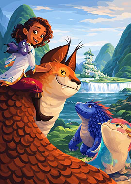 Girl Riding a Fox with Dragons