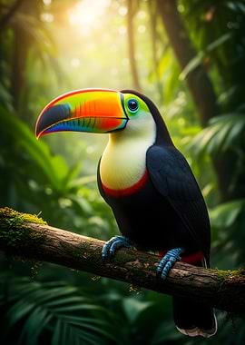 Toucan perched on a mossy branch in a rainforest