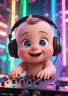 Baby DJ with Headphones and Mixer