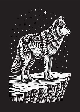Wolf on a Cliff Under Stars
