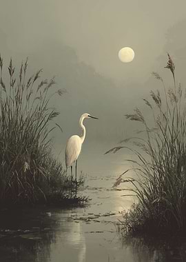 Egret by the Moonlit Water