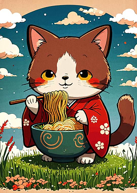 Cute Cat Eating Ramen