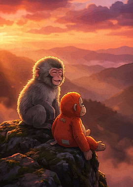 Two monkeys watching a sunset