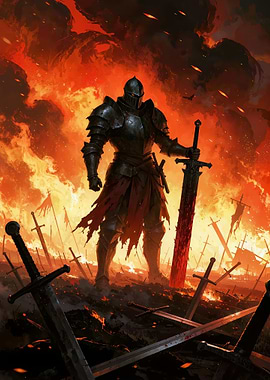 Knight in a fiery battlefield