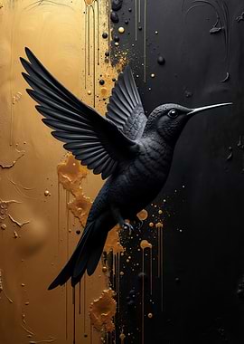 Black Hummingbird on Gold and Black Background