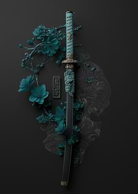Samurai Sword with Teal Cherry Blossoms