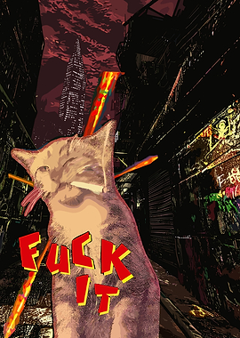 Cat with 'FUCK IT' text in alley