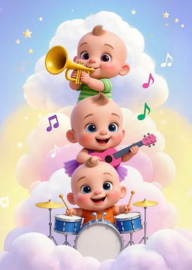 Cute babies playing music on clouds