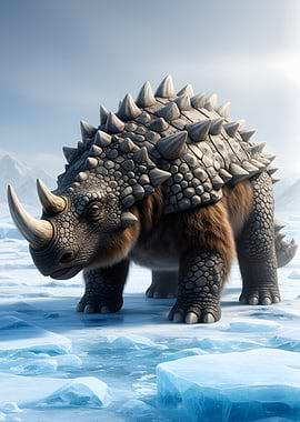 Furry armored dinosaur on ice