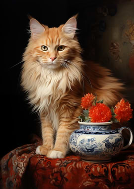 Orange Maine Coon Cat with Flowers