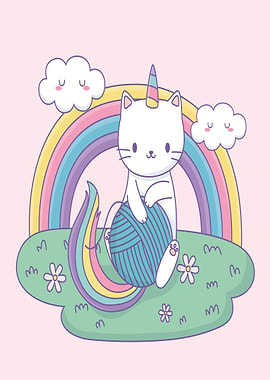 Cute Cat Unicorn with Yarn and Rainbow