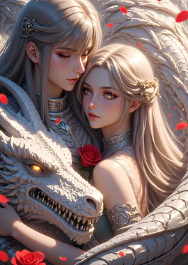 Fantasy Couple Embraced by Dragon