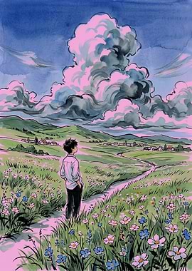 Boy in a flower field looking at clouds