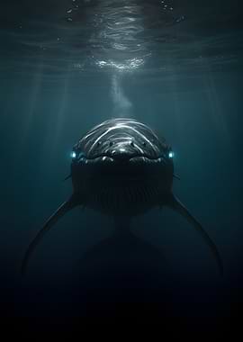Whale surfacing with glowing eyes