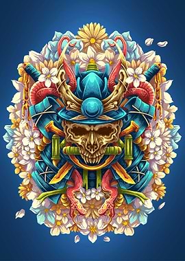 Undead ronin Samurai Skull Floral Mandala
