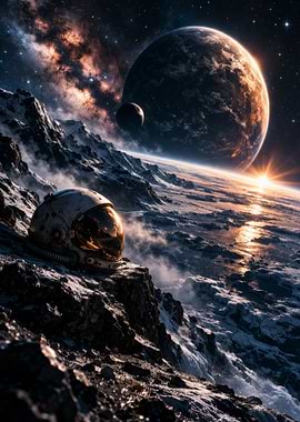 Astronaut Helmet on Snowy Alien Planet