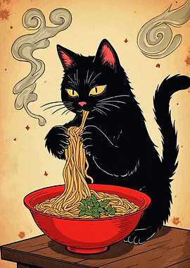 Black Cat Eating Ramen