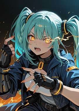 Anime Girl with Teal Hair and Fiery Eyes