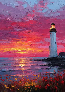Lighthouse at Sunset with Poppies