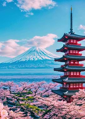 Mount Fuji with Pagoda and Cherry Blossoms