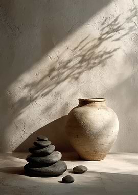 Zen stones and pottery with light shadows