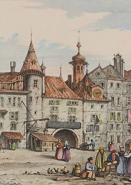 Vintage European City Square Scene