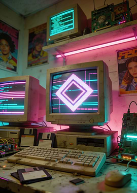 Retro Computer Setup with Neon Glow