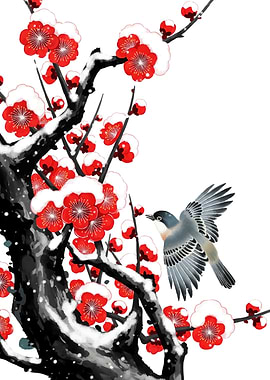 Bird on Snowy Plum Blossoms