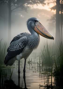 Shoebill Stork in Misty Swamp
