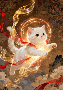 Divine White Kitten with Golden Aura