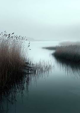Misty Lake with Reeds