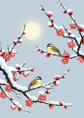 Birds on Snowy Plum Blossoms