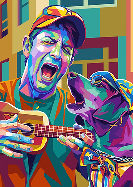 Man and Dog Singing with Ukulele
