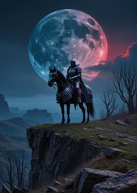 Knight on Horse Under a Large Moon