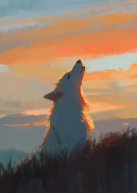 Wolf howling at sunset