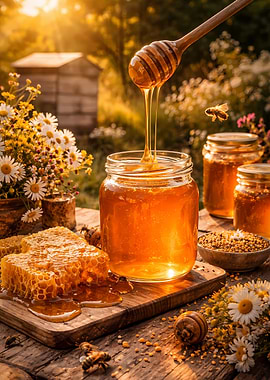 Golden Honey Pouring into Jar with Bees