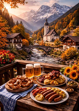 Bavarian Feast with Mountain Village View
