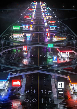 Neon Highway Interchange at Night