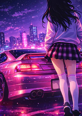 Anime Girl and Pink Sports Car