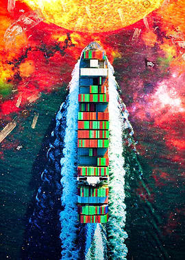 Cargo Ship Sailing Through Cosmic Ocean