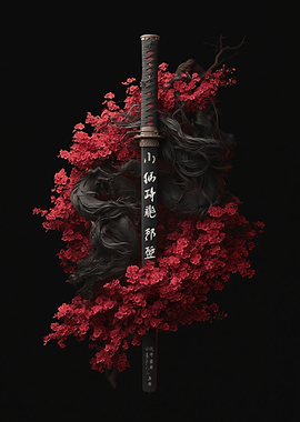 Katana Surrounded by Cherry Blossoms and Dragon