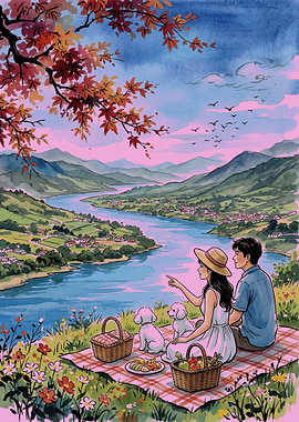 Couple's Autumn Picnic by the River