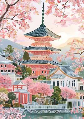 Japanese Pagoda with Cherry Blossoms