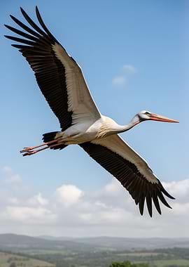 Stork in flight over rolling hills